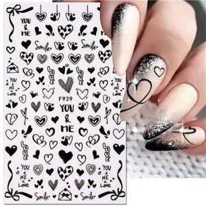 8 Sheets Nail Art Stickers Red Black Glitter Heart Nail Decals Love Heart